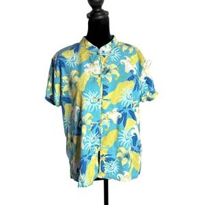 Vintage 100% Silk Tropical Print Top‎ Women Size L Rum Runner Blue Retro Resort